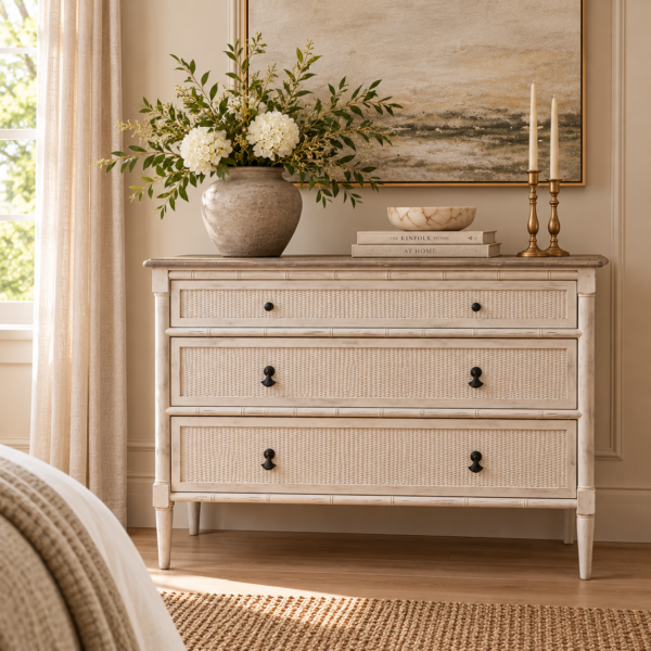 Laurette 3 Drawer Chest of Drawers in antique white with rattan drawer fronts, styled in a neutral tone
