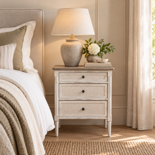 Features bamboo design legs and rattan facing. Painted in a soft antique white.