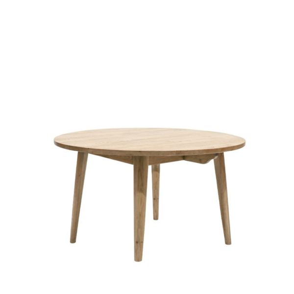 A round contemporary Scandinavian style dining table that creates a timeless aesthetic that sits comfortably within any interior. Made from American White Oak with a strong grain and stained with a Matte Black finish. The angular legs and simple shape mean this table can be paired with a large range of dining chair styles Measures: 150cm Dia. x 76cm(H) Knots, slight cracking, blemishes, small dents and minor colour variations are inherent characteristics of wood products. These irregularities do not impact the structural integrity of our products, and are not considered defects. Minor variations should be expected, and are part of the natural character and allure of wood products