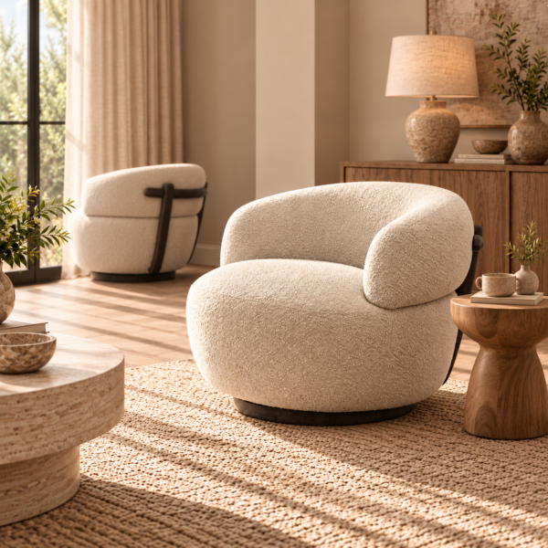 Aspect Swivel Chair in textured neutral fog upholstery with a sculptural curved silhouette and dark timber base, styled in a warm living room.