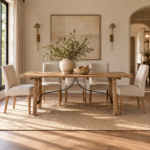 Alba Oak Dining Table in natural timber with curved black metal detailing, styled with dining chairs in a warm, elegant dining room.