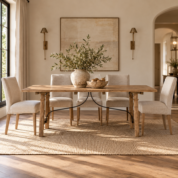 Alba Oak Dining Table in natural timber with curved black metal detailing, styled with dining chairs in a warm, elegant dining room.