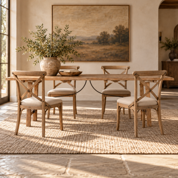 Alba Oak Dining Table in natural timber with curved black metal detailing, styled with dining chairs in a warm, elegant dining room.