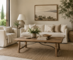 Alba Oak Coffee Table in natural timber with a rectangular top and distinctive curved metal detailing, styled in an elegant living room.