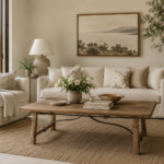 Alba Oak Coffee Table in natural timber with a rectangular top and distinctive curved metal detailing, styled in an elegant living room.