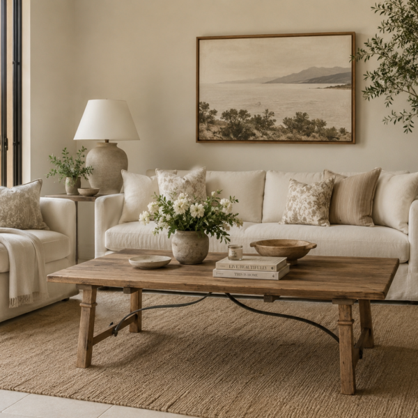 Alba Oak Coffee Table in natural timber with a rectangular top and distinctive curved metal detailing, styled in an elegant living room.