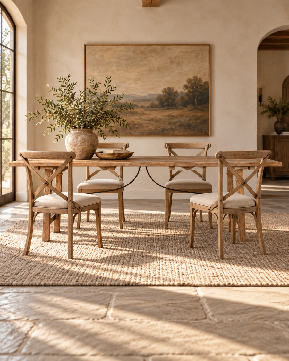 Alba Oak Dining Table – Natural 260cm Alba Oak Dining Table in natural timber with curved black metal detailing, styled with dining chairs in a warm, elegant dining room.