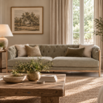 Coventry Button Sofa with button-tufted back, curved arms, natural-toned linen blend upholstery and elmwood detailing, styled in an elegant living room.