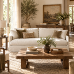 Hastings Sofa in natural cotton-linen upholstery with removable slipcovers, styled in an elegant neutral living room
