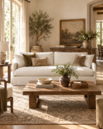Hastings Sofa in natural cotton-linen upholstery with removable slipcovers, styled in an elegant neutral living room