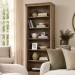 Taylor Oak Bookcase in natural oak with dark metal supports and open shelving, styled with books, ceramics and decorative objects in a neutral living room.