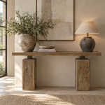 Casa Square Leg Console in walnut-finished reclaimed elm with substantial block legs, styled with a ceramic lamp, books and greenery in a neutral interior.