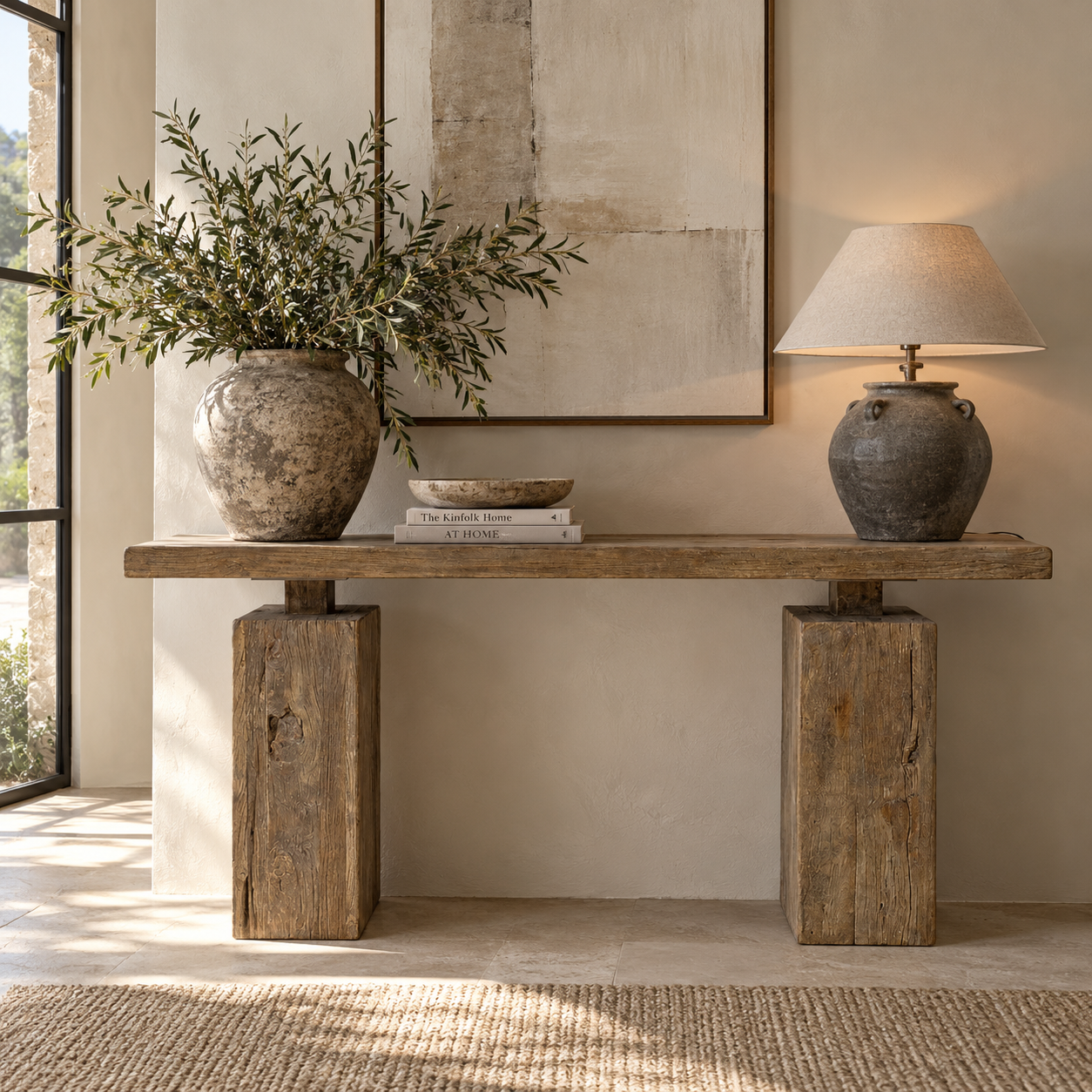 Casa Square Leg Console – Walnut Casa Square Leg Console in walnut-finished reclaimed elm with substantial block legs, styled with a ceramic lamp, books and greenery in a neutral interior.